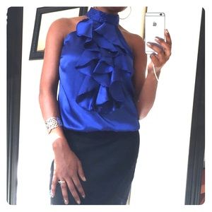 Blue Silky Halter Ruffle Top